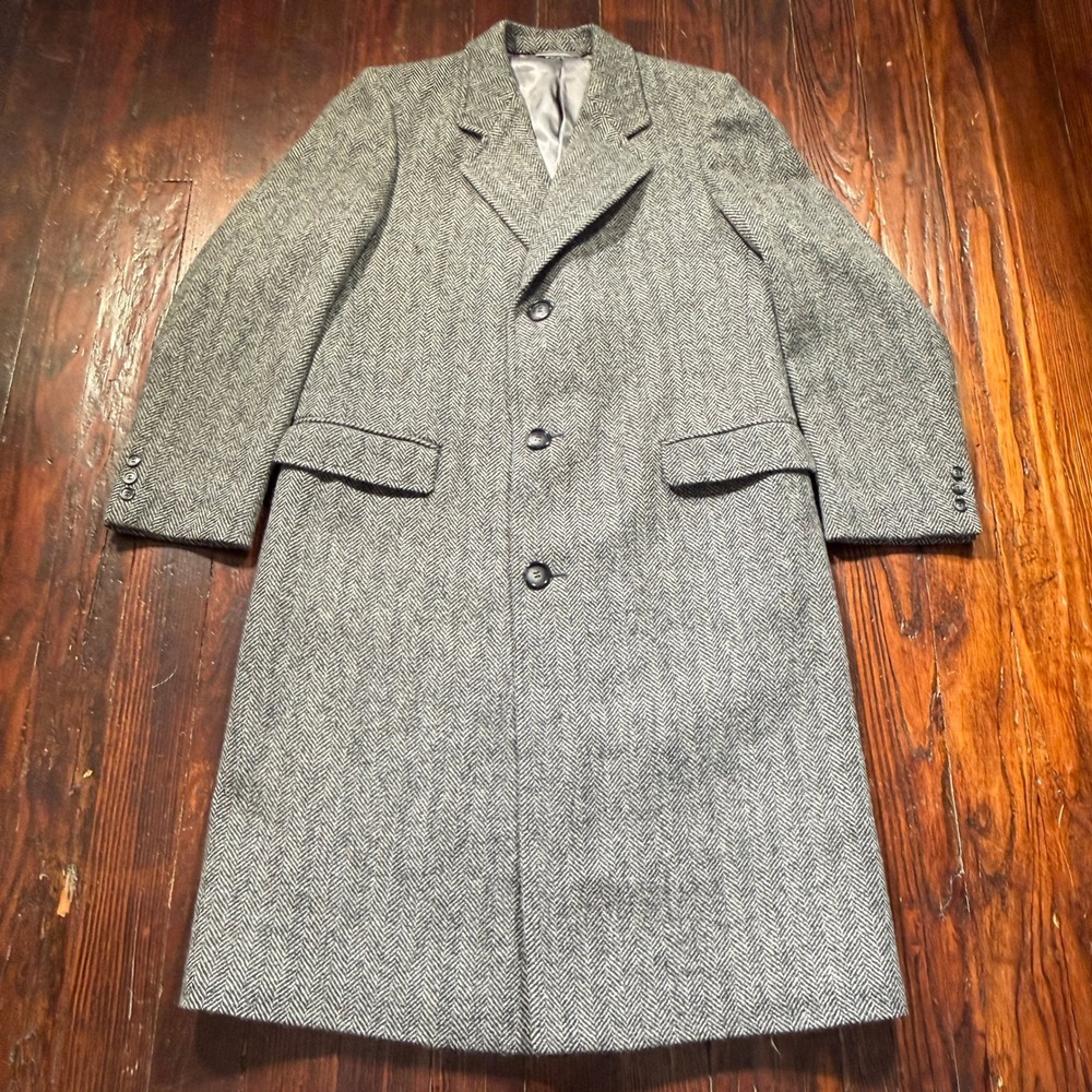 Vintage All Wool Overcoat Mens M Gray Herringbone Long Trench Coat Czech